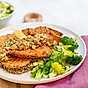 Aubergineschnitzel med agrodolce och vitlöksstekt broccoli