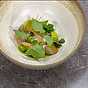 Crudo av hamachi med preserverad rabarber