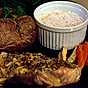 Grillad entrecote med potatisbakelse, rostade grönsaker och bearnaisesås