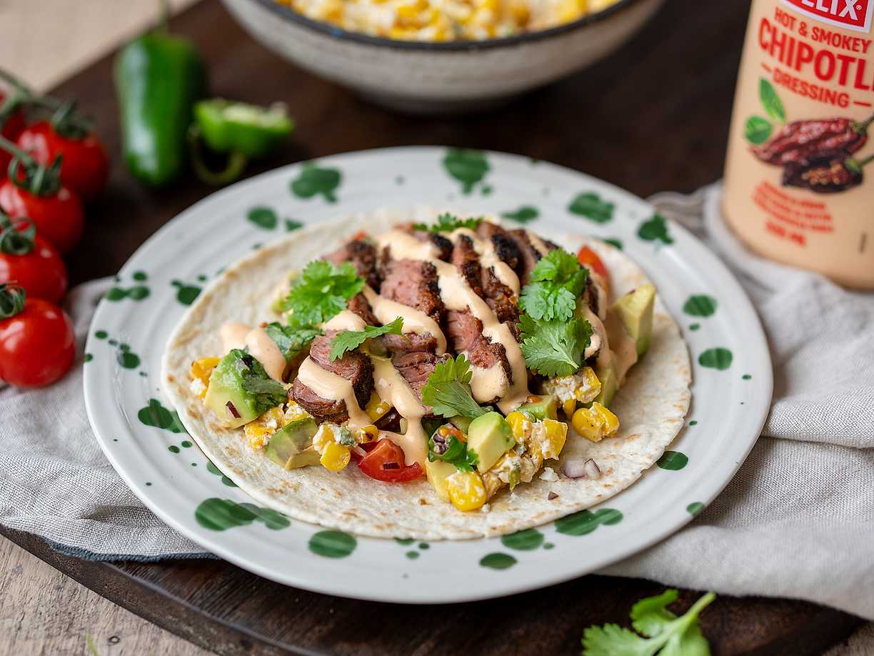Tacos med ryggbiff, krämig majs och chipotledressing