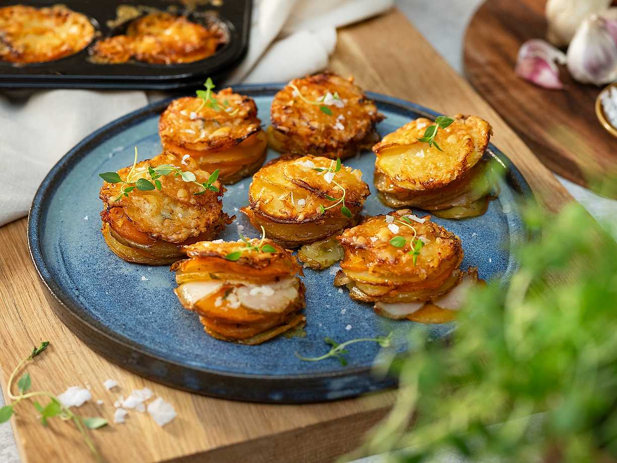 Pommes Anna med rotfrukter och vitlökssmör