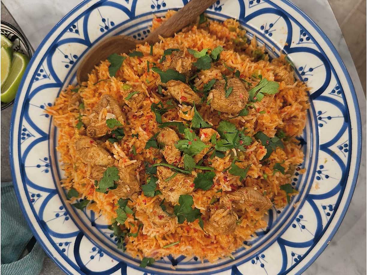 Jollof rice med marinerad kyckling