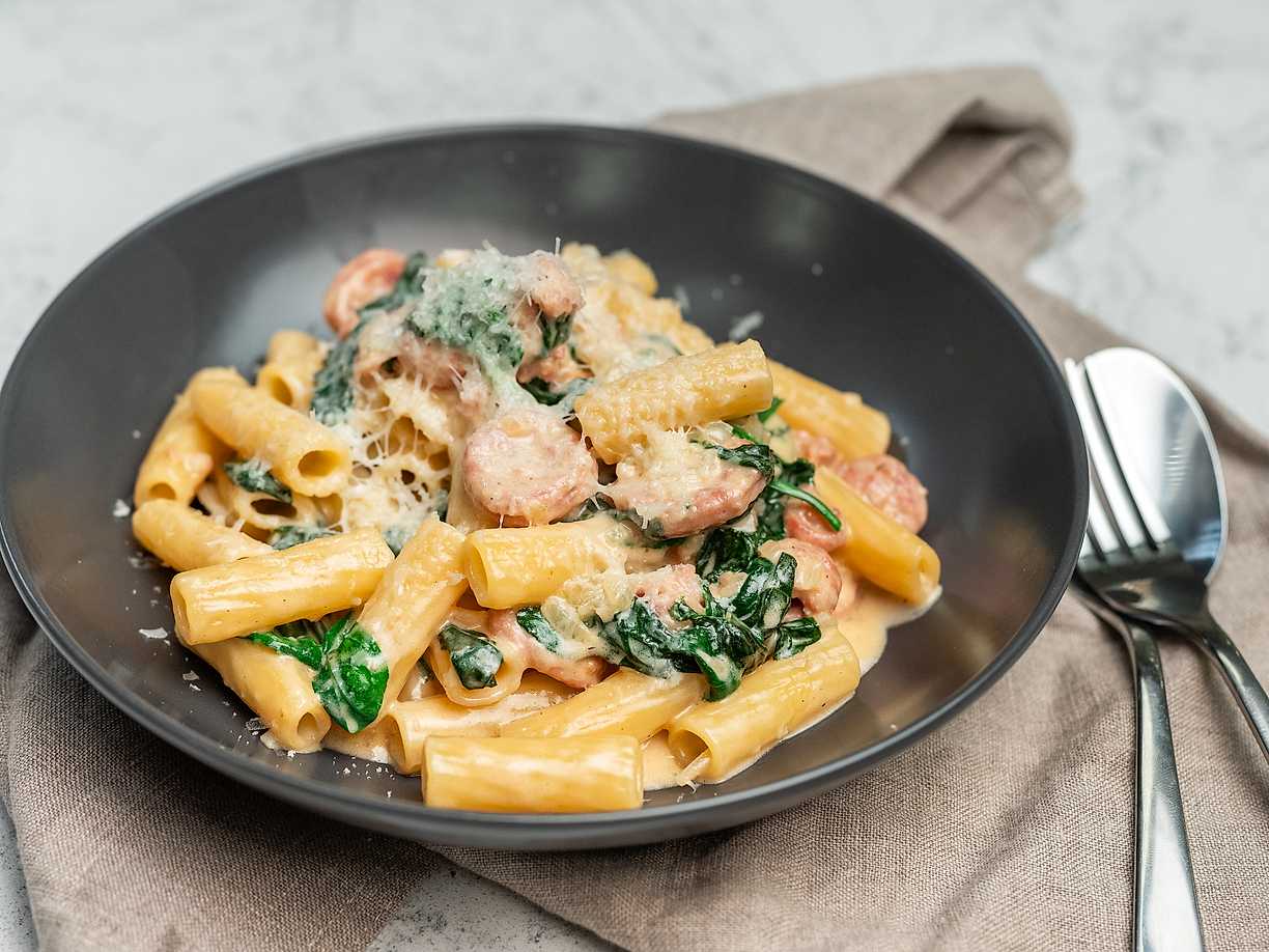 Krämig pasta med salsiccia, spenat och vitt vin