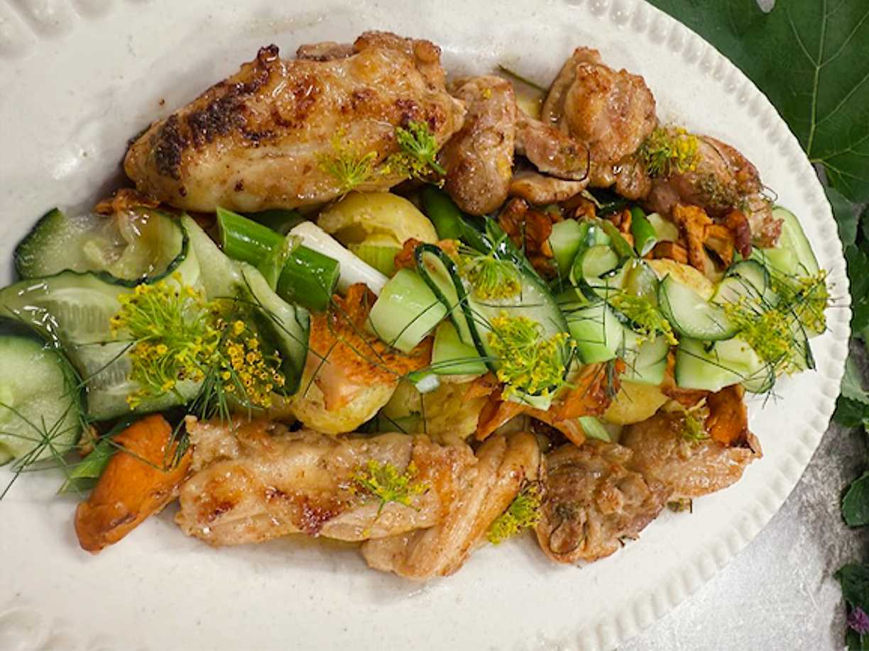 Krondillsmarinerad kyckling med kantareller och färskpotatis