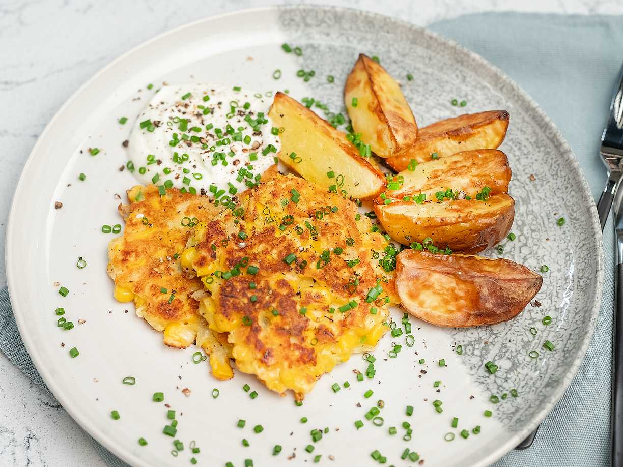 Majsfritters med yoghurtdipp
