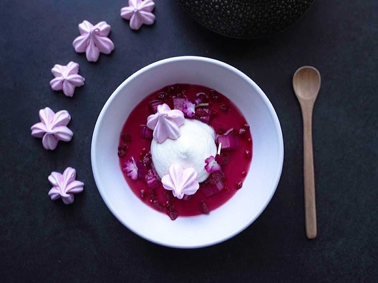Miso och vitchokladpannacotta med rabarber