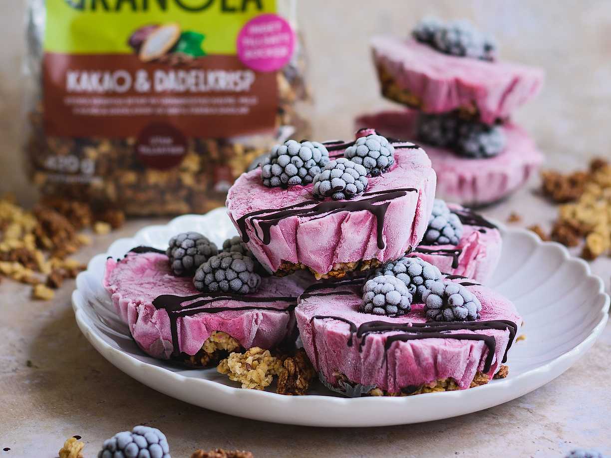 Frozen yoghurt cups med björnbär och choklad