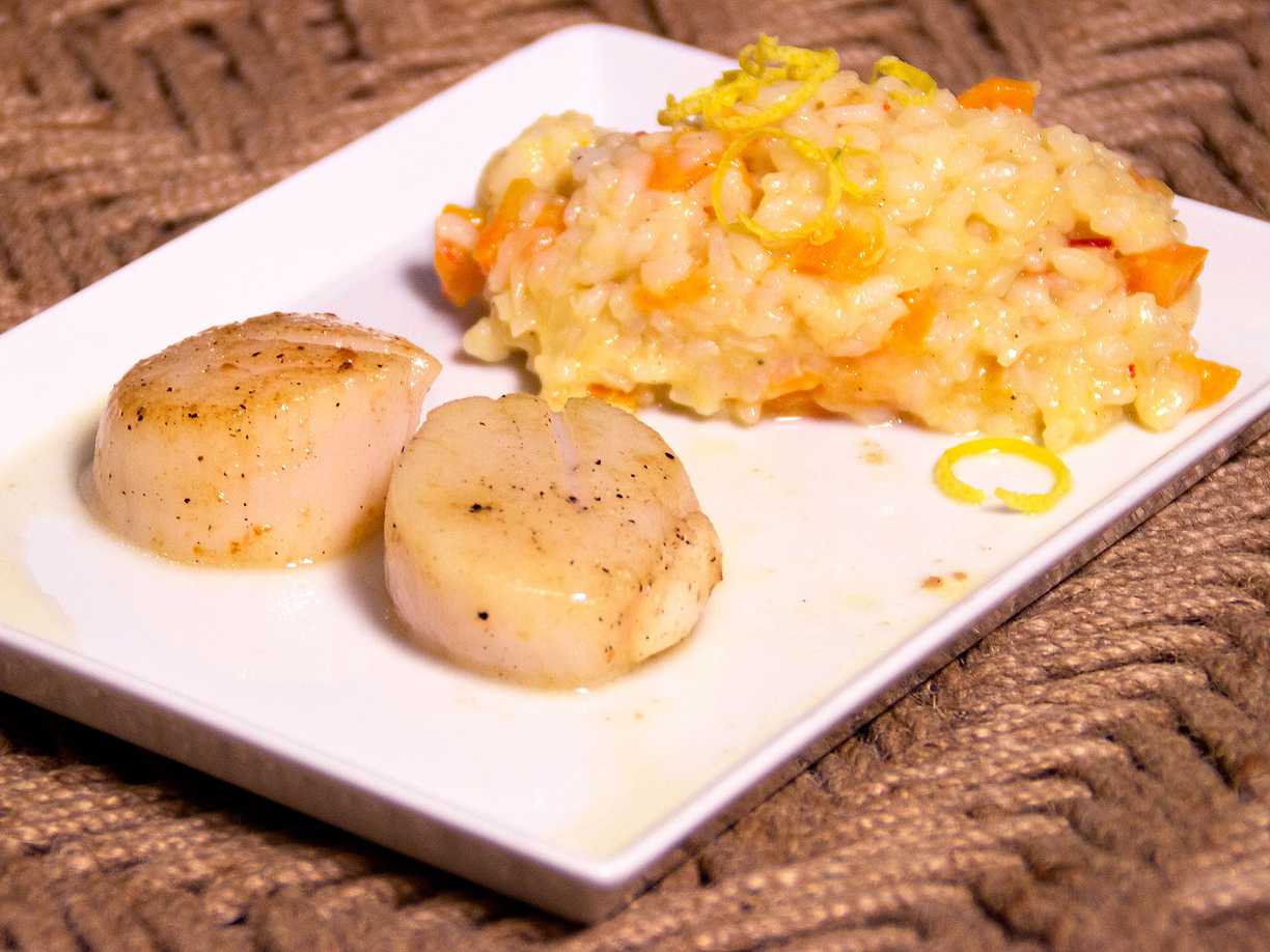 Pilgrimsmusslor med citronrisotto Köket.se