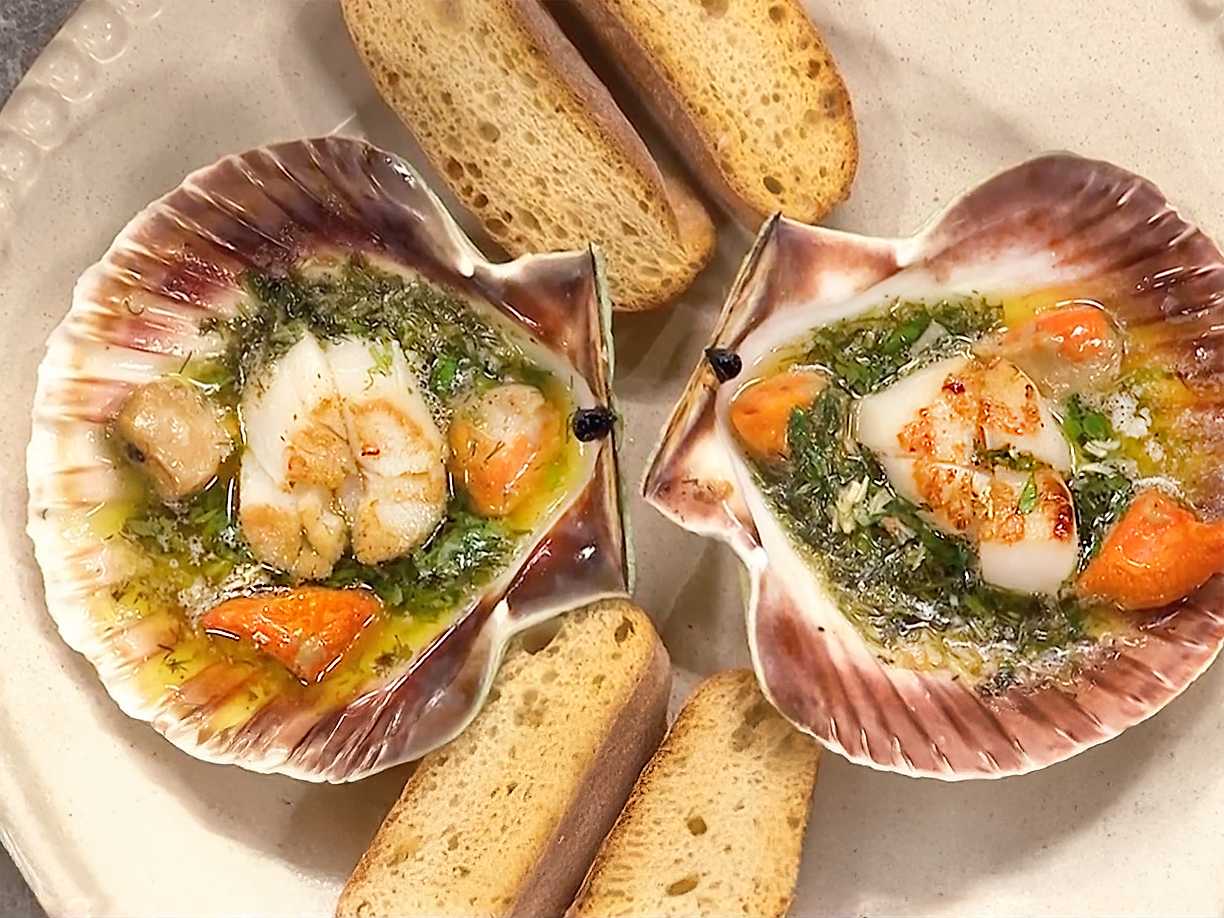 Pilgrimsmusslor med örtdressing