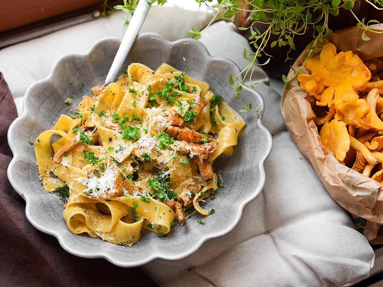 Snabbaste kantarellpastan med parmesan och örter