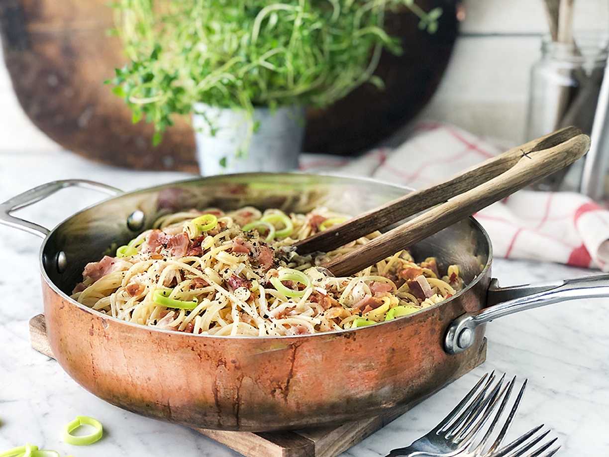 Spaghetti med pancetta och purjo | Kö