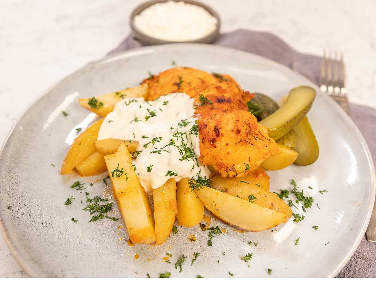 Stekt kyckling med saltgurka och klyftpotatis